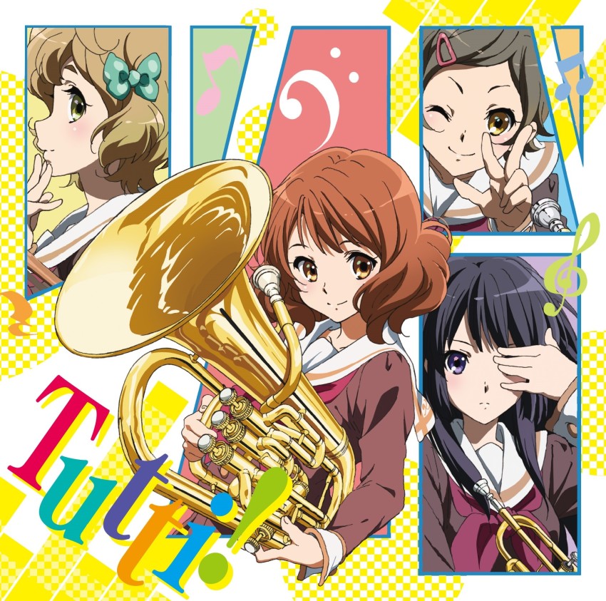 4girls album_cover bass_clef black_hair blonde_hair blush bow brown_eyes brown_hair brown_shirt closed_mouth cover eighth_note euphonium expressionless finger_to_mouth green_bow green_eyes hair_bow hair_ornament hairclip hand_up hibike!_euphonium highres holding holding_instrument ikeda_shouko index_finger_raised instrument katou_hazuki kawashima_sapphire kitauji_high_school_uniform kousaka_reina long_hair long_sleeves looking_at_viewer multiple_girls musical_note neckerchief official_art oumae_kumiko polka_dot purple_eyes red_neckerchief sailor_collar school_uniform serafuku shirt short_hair smile trumpet v white_sailor_collar