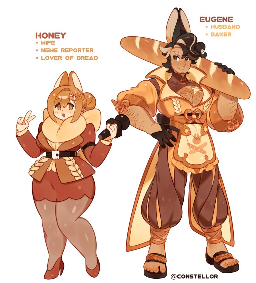 1boy 1girl animal_ears belt bread bread_hair_ornament brown_hair commentary constellor english_commentary english_text food food-themed_hair_ornament hair_ornament hand_on_own_hip high_heels highres holding holding_food holding_microphone large_pectorals microphone original pectorals pretzel rabbit_boy rabbit_ears rabbit_girl shoes standing twitter_username v white_background