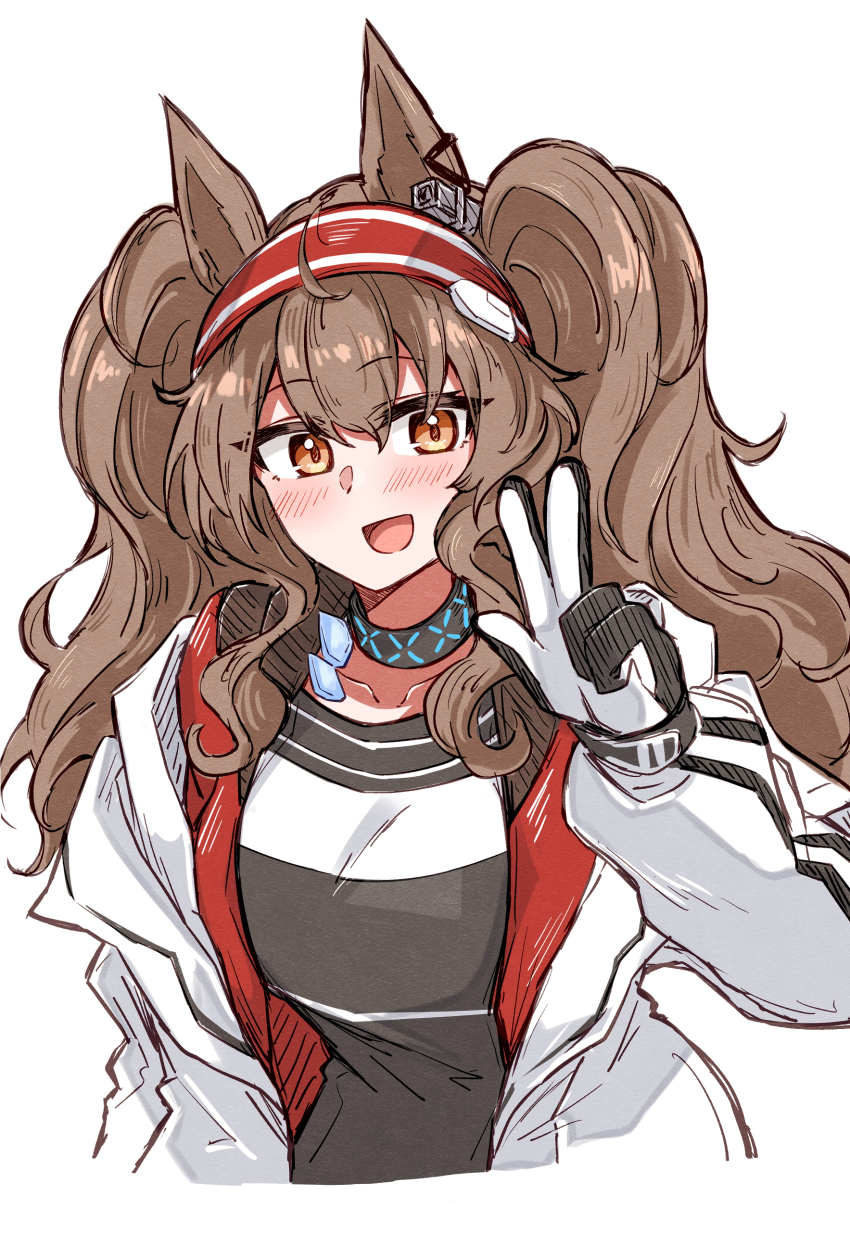 1girl :d absurdres angelina_(arknights) animal_ears arknights black_gloves black_shirt blush brown_hair collarbone commentary_request cropped_torso gloves hairband highres infection_monitor_(arknights) jacket long_hair long_sleeves looking_at_viewer maiq06 open_clothes open_jacket open_mouth red_hairband shirt simple_background smile solo split_mouth t-shirt w white_background white_gloves white_jacket yellow_eyes