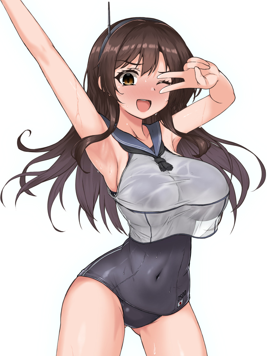 1girl absurdres antennae arm_up armpits ashigara_(kancolle) black_neckerchief black_one-piece_swimsuit blue_sailor_collar breasts brown_eyes brown_hair commentary_request cosplay covered_navel crop_top grey_hairband hairband highres kantai_collection kinakomochi_(testament05) large_breasts long_hair neckerchief old_school_swimsuit one-piece_swimsuit ro-500_(kancolle) ro-500_(kancolle)_(cosplay) sailor_collar sailor_shirt school_swimsuit see-through_clothes see-through_shirt shirt simple_background sleeveless sleeveless_shirt smile solo swimsuit swimsuit_under_clothes v v_over_eye white_background white_shirt