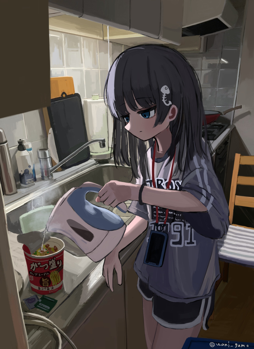 1girl absurdres black_hair black_shorts blue_eyes cellphone chair closed_mouth clothes_writing cup_ramen electric_kettle food hair_ornament highres holding holding_kettle indoors kettle kitchen long_hair original phone shirt shorts sink slice_of_life smartphone solo standing tile_wall tiles twitter_username wanigumo