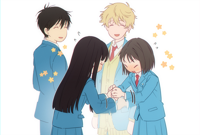 2boys 2girls black_hair blazer blonde_hair blue_jacket blunt_bangs blush bob_cut bow bowing brown_hair closed_eyes collared_shirt crossover flying_sweatdrops handshake iwakura_mitsumi jacket kazehaya_shouta kimi_ni_todoke kuronuma_sawako long_hair messy_hair multiple_boys multiple_girls necktie open_mouth red_necktie school_uniform shima_sousuke shirt short_hair skip_to_loafer smile sophie_(693432) sweater_vest trait_connection white_shirt yellow_sweater_vest