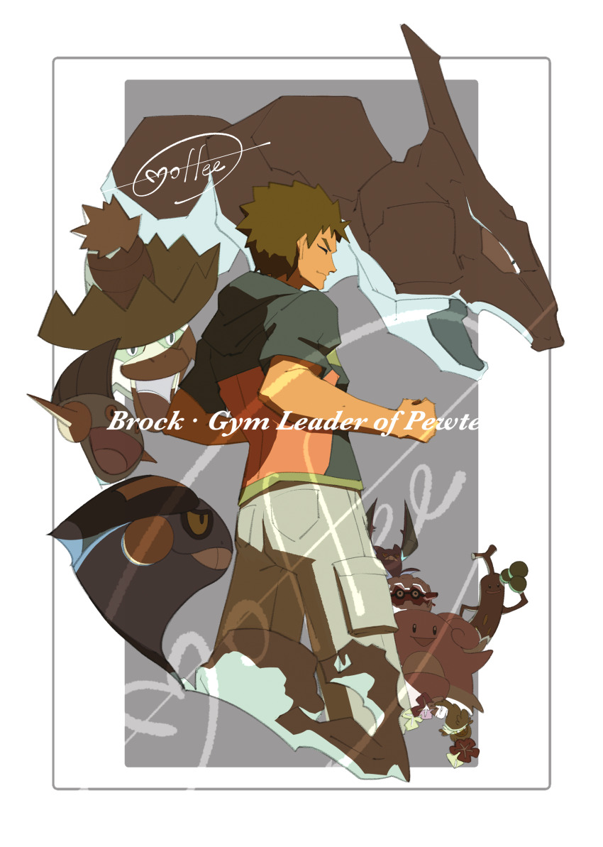 1boy absurdres blissey border brock_(pokemon) brown_hair cccacademia character_name clenched_hand closed_eyes closed_mouth comfey commentary_request croagunk crobat forretress game_freak gen_1_pokemon gen_2_pokemon gen_3_pokemon gen_4_pokemon gen_7_pokemon geodude grey_background highres jacket ludicolo male_focus marshtomp nintendo onix pants pokemon pokemon_lgpe short_hair short_sleeves signature sudowoodo white_border
