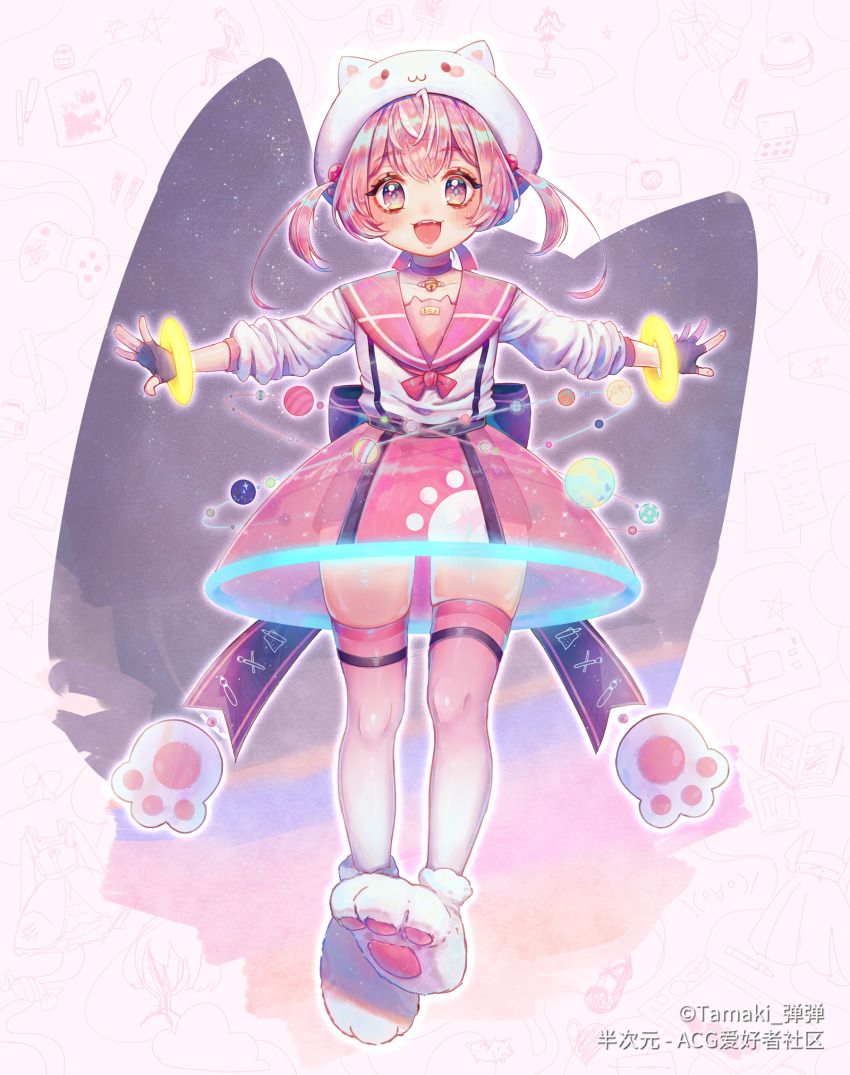 1girl :d animal_hands animal_hat back_bow balancing bcy black_gloves bow bracelet cat_hat cat_paws fingerless_gloves full_body gloves gradient_legwear hat highres jewelry long_sleeves looking_at_viewer neon_trim open_mouth original outstretched_arms paw_shoes pink_eyes pink_hair pink_sailor_collar pink_skirt pink_thighhighs sailor_collar school_uniform see-through_clothes see-through_skirt serafuku skirt smile solo tamaki_(tamaki599) thighhighs twintails white_footwear white_serafuku white_thighhighs