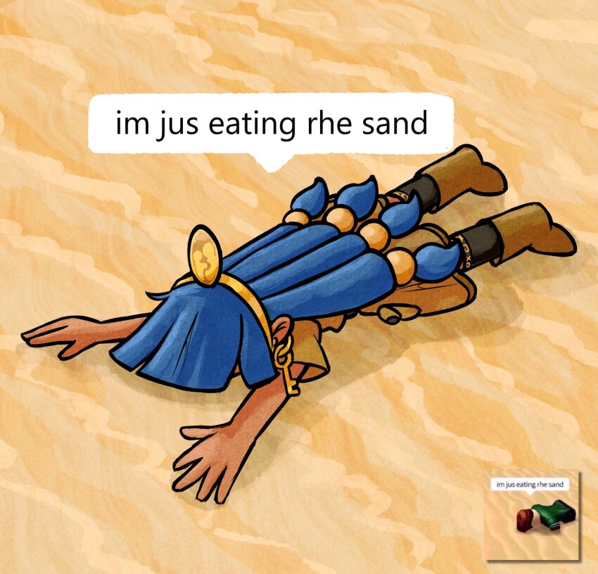 1girl alternate_skin_color black_socks blue_hair brown_shirt brown_shoes brown_shorts dark-skinned_female dark_skin earrings face_down gold hair_bobbles hair_ornament highres hoop_earrings jewelry long_hair lying mcsquiddies meme michigami_nareko on_stomach photo-referenced roblox sand shirt shoes short_sleeves shorts socks touhou