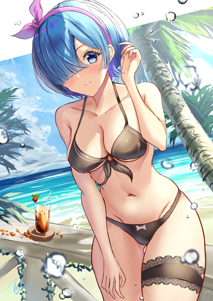 1girl absurdres arerex beach bikini black_bikini blue_eyes blue_hair blue_sky bowl_cut breasts commentary_request frilled_thigh_strap hair_over_one_eye highres large_breasts navel ocean outdoors palm_tree re:zero_kara_hajimeru_isekai_seikatsu rem_(re:zero) short_hair sky solo stomach swimsuit thigh_strap tree tropical_drink