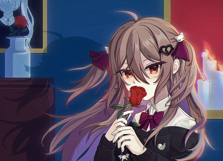 1girl ahoge black_cardigan bow bowtie broken_heart_hair_ornament brown_hair cardigan collared_shirt dress_shirt evil_neuro-sama false_qa flower from_side hair_between_eyes hair_ornament highres holding holding_rope indoors long_hair long_sleeves neuro-sama off-shoulder_cardigan portrait_(object) red_bow red_bowtie red_eyes red_flower red_rose rope rose shelf shirt skull_hair_ornament solo study-sama two_side_up upper_body vedal_ai virtual_youtuber white_shirt