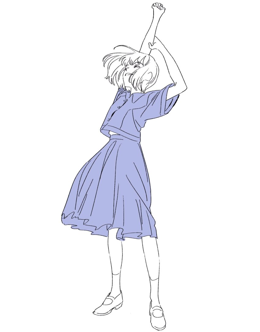 1girl blue_theme dress full_body highres kariya_(kry_aia) monochrome original shoes short_sleeves socks solo