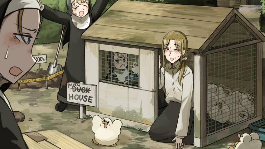 4girls :&lt; :d bible_(object) bird black_skirt blonde_hair blue_eyes book brown_hair chicken clumsy_nun_(diva) commentary dirty dirty_clothes diva_(hyxpk) duck english_commentary froggy_nun_(diva) highres holding holding_book little_nuns_(diva) long_hair multiple_girls nun open_mouth scrunchie shirt shovel sign skirt smile strict_nun&#039;s_mother_(diva) strict_nun_(diva) sweatdrop traditional_nun white_scrunchie white_shirt
