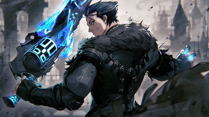 1boy absurdres black_hair black_jacket blue_eyes bullet closed_mouth final_fantasy final_fantasy_xiv from_behind fur-trimmed_jacket fur_trim glowing glowing_weapon grin gunblade gunbreaker_(final_fantasy) highres holding holding_bullet holding_weapon jacket kyo_(kuroichigo) looking_back male_focus short_hair signature smile solo upper_body warrior_of_light_(ff14) weapon
