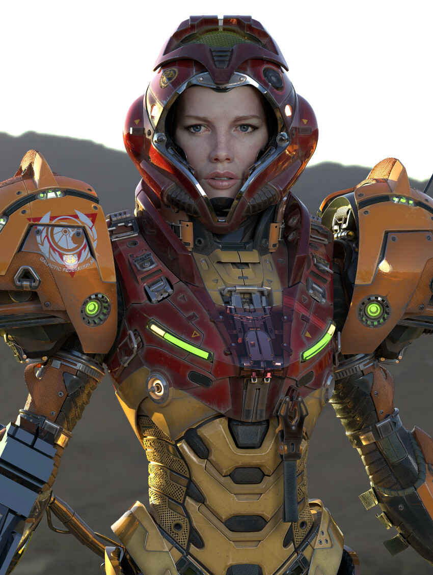 1girl 3d absurdres armor blue_eyes emblem helmet highres kim_basinger light lips looking_at_viewer luis_nieves machinery maya_(medium) mecha metroid metroid_(classic) mountainous_horizon nintendo photorealistic portrait power_armor realistic robot roundel samus_aran science_fiction sunlight super_metroid varia_suit zbrush_(medium)