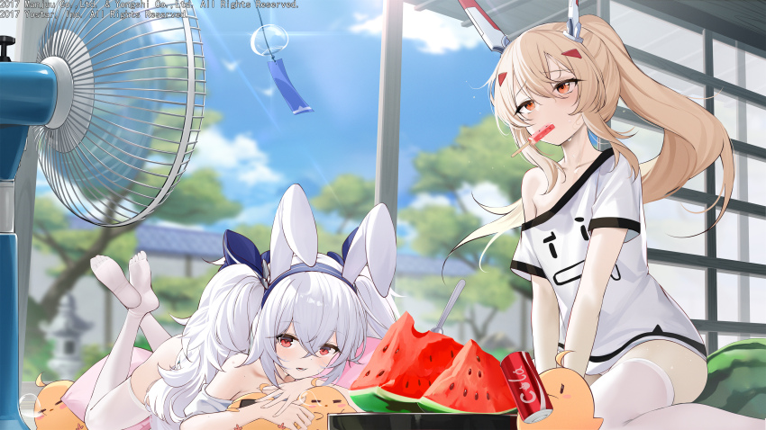 2girls absurdres animal_ears ayanami_(azur_lane) ayanami_(niconico)_(azur_lane) azur_lane blonde_hair blue_sky fake_animal_ears food food_in_mouth fruit grey_hair hair_between_eyes highres indoors kneeling laffey_(azur_lane) light_brown_hair long_hair looking_at_viewer lying manjuu_(azur_lane) multiple_girls off_shoulder official_art on_stomach ootsuki_momiji orange_eyes parted_lips rabbit_ears shirt short_sleeves single_bare_shoulder sky thighhighs watermelon watermelon_slice white_shirt white_thighhighs