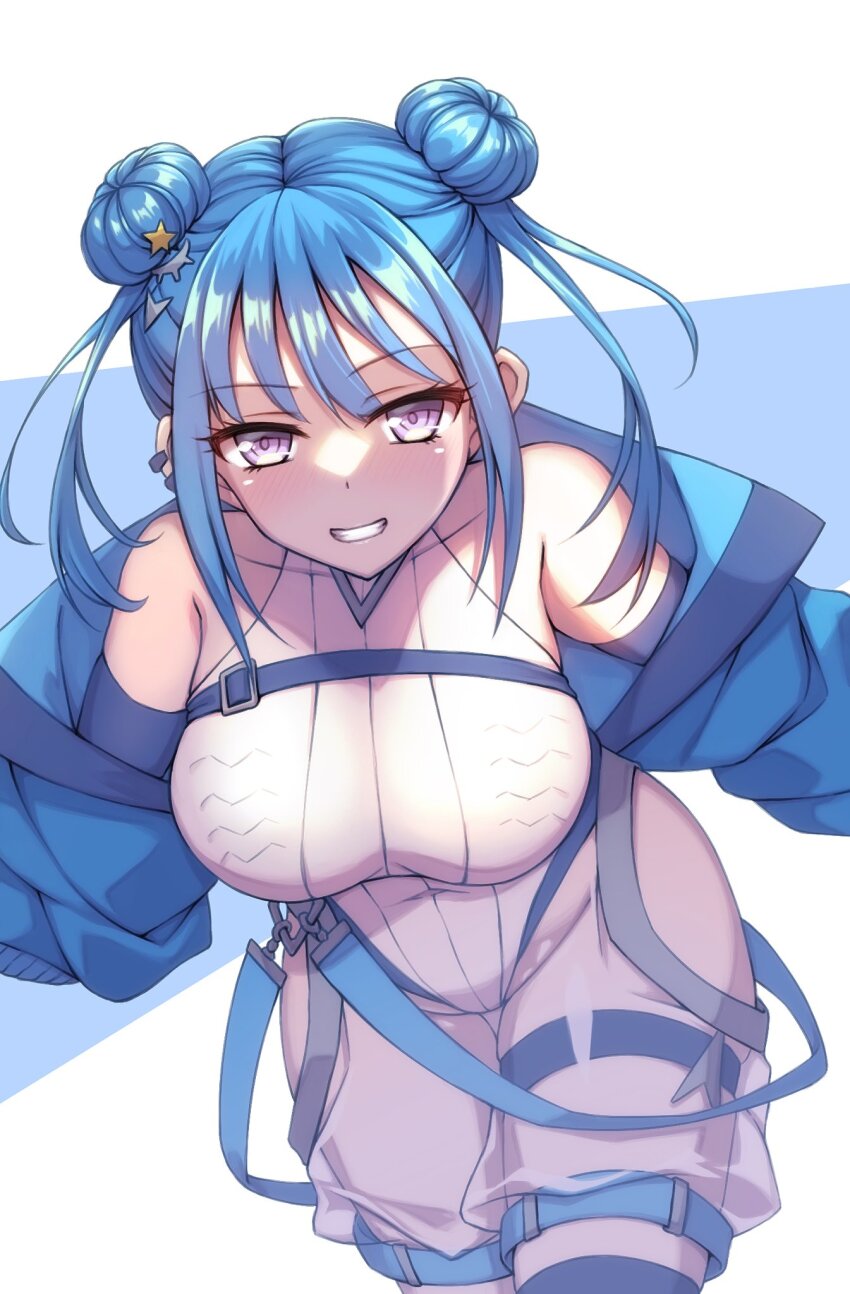 1girl alternate_costume bare_shoulders blue_hair blue_jacket breasts clenched_teeth collarbone double_bun duel_monster earrings evil_twin_lil-la groin hair_bun hair_ornament highleg highleg_leotard highres hip_vent jacket jewelry large_breasts leotard lil-la_(yu-gi-oh!) looking_at_viewer official_alternate_costume parted_lips purple_eyes see-through_clothes short_hair simple_background smile solo star_(symbol) star_hair_ornament takkayuuki teeth thigh_strap thighhighs thighs yu-gi-oh!