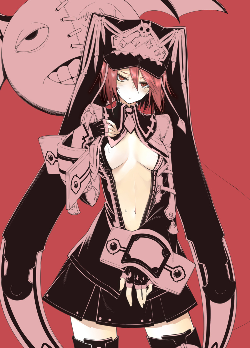 10mo 1girl areola_slip black_dress black_gloves black_skirt black_thighhighs blush breasts center_opening cleavage_cutout clothing_cutout dress fingerless_gloves gloves guilty_gear guilty_gear_2 hair_between_eyes hand_on_own_chest hat headpiece highres legs_apart long_sleeves looking_at_viewer lucifero_(guilty_gear) medium_breasts medium_hair navel necktie no_bra open_mouth red_background red_eyes red_hair red_necktie short_hair simple_background skirt skull solo stomach sweat sweatdrop thighhighs valentine_(guilty_gear) zettai_ryouiki