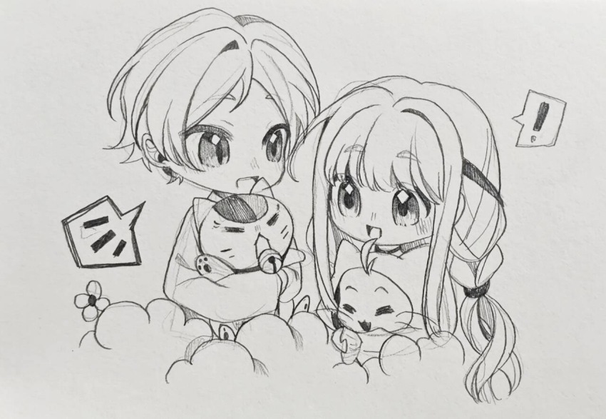 ! 1boy 1girl animal bell calico_(pattern) calico_cat cat chibi chinese_commentary clothed_animal cloud commentary_request copyright_request cropped_torso crossover flower frilled_sleeves frills graphite_(medium) greyscale hair_ribbon hair_tie happy holding holding_animal holding_cat infinity_nikki light_blush long_hair long_sidelocks long_sleeves looking_at_another low_twintails miaowu617 momo_(nikki) monochrome neck_bell nikki_(nikki) nikki_(series) open_mouth parted_bangs puffy_long_sleeves puffy_sleeves ribbon shirt short_hair sidelocks single_stripe sleeves_past_wrists slit_pupils smile speech_bubble spoken_exclamation_mark spoken_notice_lines striped_choker tareme teeth traditional_media tress_ribbon twintails upper_teeth_only very_long_hair wavy_hair