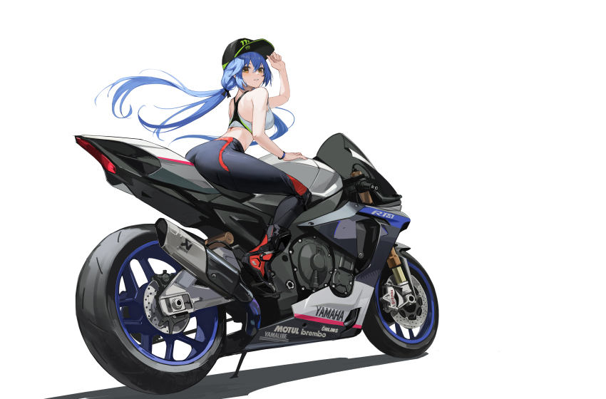 1girl absurdres ass azur_lane black_hat black_pants blue_hair essex_(azur_lane) hair_between_eyes hat highres leaning_forward motor_vehicle motorcycle on_motorcycle pants peaked_cap red_eyes shiba_inuza simple_background solo white_background yamaha