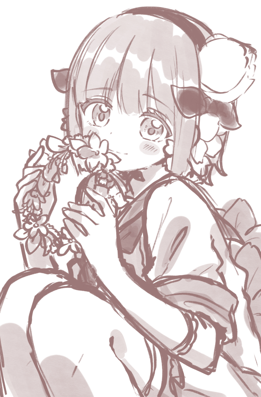 absurdres bow bowtie crown flower greyscale hair_flower hair_ornament highres hime_cut holding holding_crown looking_at_viewer magical_girl mahou_shoujo_ikusei_keikaku mahou_shoujo_ikusei_keikaku_jokers mahou_shoujo_ikusei_keikaku_restart monochrome sakura_mochi_(kanade-8961-uriuri) school_uniform short_hair smile snow_white_(mahoiku) thighhighs white_background white_thighhighs