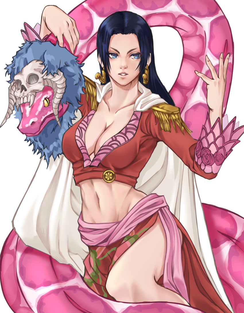 1girl absurdres animal armor arms_up black_hair blue_eyes boa_hancock breasts cape colored_sclera cropped_jacket earrings epaulettes fur groin hand_up highres hime_cut jewelry kerana_art large_breasts legs long_hair looking_at_viewer midriff navel one_piece parted_lips pauldrons print_sarong red_sarong salome_(one_piece) sarong serious shoulder_armor simple_background skull slit_pupils snake snake_earrings standing thighs white_background yellow_sclera