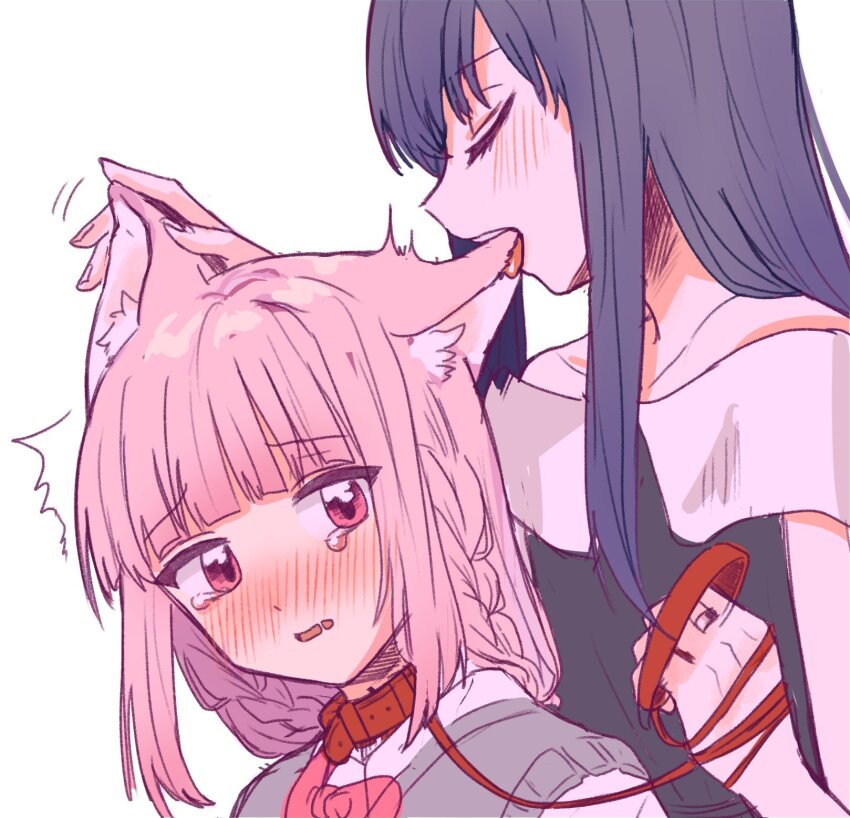 2girls animal_collar animal_ear_fluff animal_ears begyo black_shirt blush braid closed_mouth collar commentary_request ear_licking green_background highres holding holding_leash korean_commentary leash licking long_hair magia_record:_mahou_shoujo_madoka_magica_gaiden mahou_shoujo_madoka_magica multiple_girls nanami_yachiyo nose_blush off-shoulder_shirt off_shoulder open_mouth parted_lips pink_eyes pink_hair purple_hair raised_inner_eyebrows red_collar shirt short_sleeves simple_background straight_hair tamaki_iroha tearing_up tongue tongue_out uncommon_stimulation wispy_bangs yuri