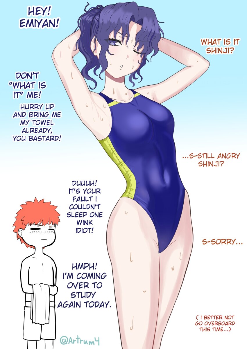 1boy 1girl absurdres armpits artrum4 blue_eyes blue_hair blush breasts closed_eyes competition_swimsuit covered_navel emiya_shirou english_text fate/stay_night fate_(series) genderswap genderswap_(mtf) highres matou_shinji medium_hair one-piece_swimsuit one_eye_closed orange_hair ponytail short_hair small_breasts swimsuit towel wavy_hair wet