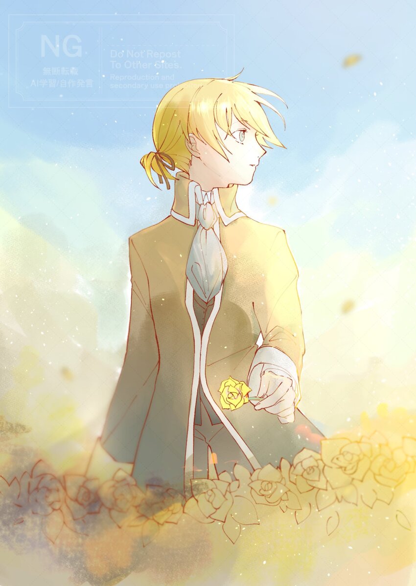 1boy aku_no_meshitsukai_(vocaloid) allen_avadonia ascot blue_sky brown_ribbon brown_vest cloud coat collared_coat collared_shirt collared_vest evillious_nendaiki falling_petals field floating_hair flower flower_field from_side green_eyes hair_ribbon highres holding holding_flower kagamine_len light_particles looking_afar parted_lips petals ponytail profile ribbon rose shirt short_ponytail sky tomari_drew vest vocaloid white_ascot wind yellow_coat yellow_flower yellow_rose