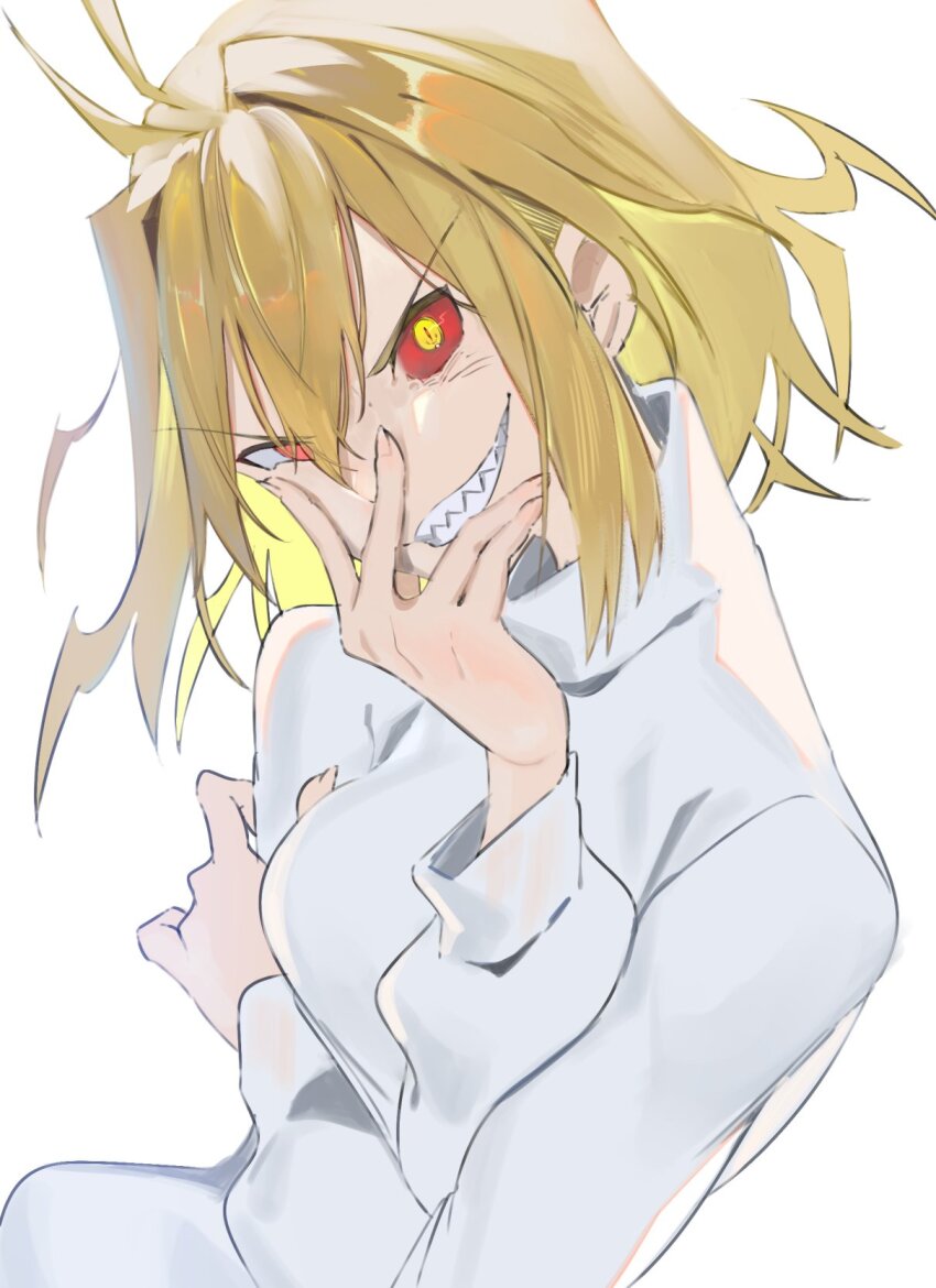 1girl ahoge antenna_hair arcueid_brunestud breasts colored_sclera covering_face dark_persona evil_grin evil_smile grin hand_on_own_face highres hiiragi_ken looking_at_viewer melty_blood red_arcueid red_eyes red_sclera sharp_teeth sharp_toenails short_hair simple_background smile spiked_hair squinting sweater teeth toenails tsukihime turtleneck turtleneck_sweater upper_body yellow_eyes