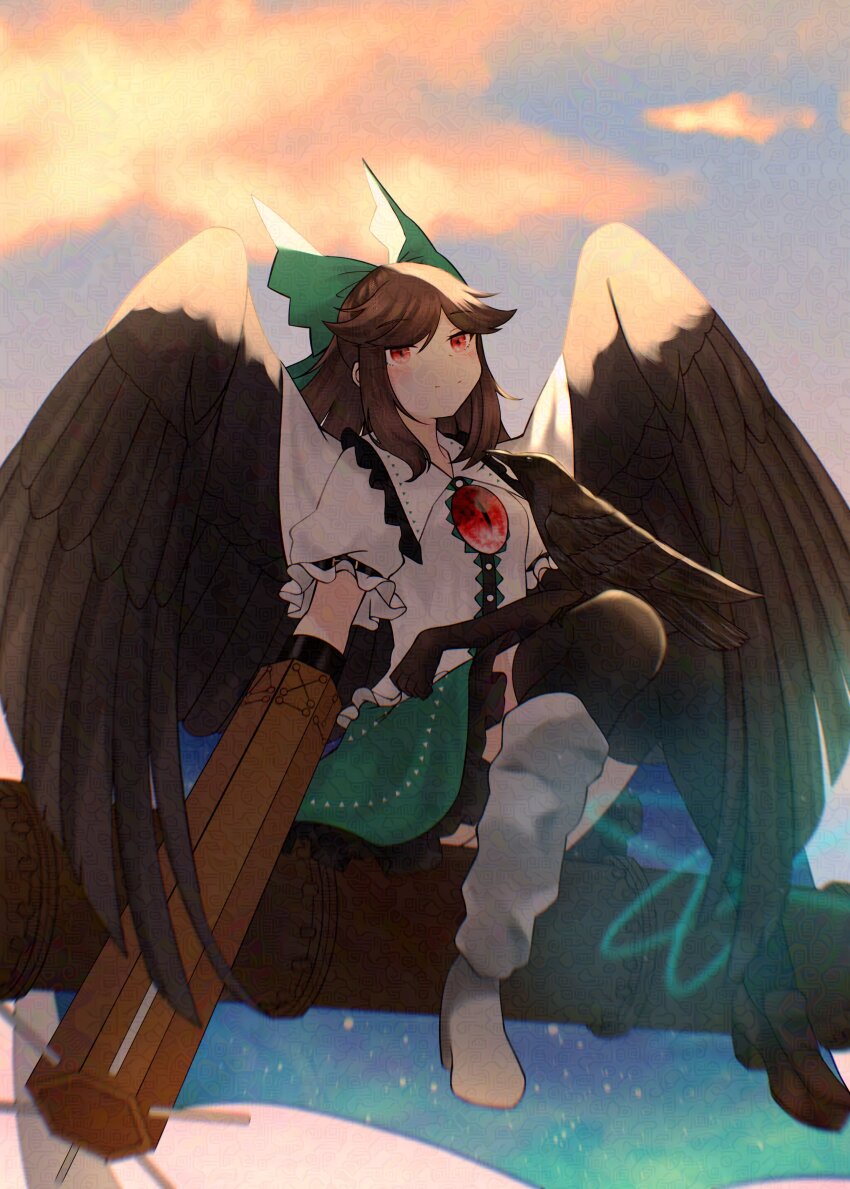 1girl absurdres arm_cannon atom black_gloves black_shoes black_thighhighs black_wings blue_sky bow breasts brown_hair cape closed_mouth cloud collared_shirt commentary_request control_rod_(touhou) cosmos_0131 elbow_gloves feathered_wings frilled_shirt frilled_shirt_collar frilled_skirt frills full_body gloves green_bow green_skirt hair_bow highres industrial_pipe loafers long_hair looking_at_viewer mismatched_shoes print_cape puffy_short_sleeves puffy_sleeves red_eyes reiuji_utsuho shirt shoes short_sleeves sitting skirt sky small_breasts smile solo starry_sky_print thighhighs third_eye touhou two-sided_cape two-sided_fabric weapon white_cape white_shirt wings