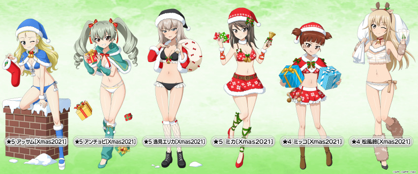 6+girls anchovy_(girls_und_panzer) animal_ears antlers arm_ribbon arm_warmers assam_(girls_und_panzer) bare_shoulders beige_bow bell belt bikini bikini_top_only black_bikini black_footwear black_headwear blonde_hair blue_bikini blue_capelet blue_eyes blue_headwear blue_legwear blunt_bangs blush boots bow breasts bridal_gauntlets brown_eyes brown_footwear brown_hair capelet card character_name chimney choker christmas christmas_present christmas_stocking cleavage collarbone cropped_jacket curvy deer_ears drill_hair envelope fake_animal_ears fake_horns frilled_skirt frilled_swimsuit frills fur_trim gift girls_und_panzer girls_und_panzer_ribbon_no_musha girls_und_panzer_senshadou_daisakusen! gloves gradient_background green_background green_capelet green_footwear green_gloves green_hair green_legwear green_ribbon groin hair_between_eyes hair_bow hair_ornament hair_pulled_back hair_ribbon hand_on_own_chest hat high_heels highres holding holding_bell holding_boots holding_card holding_envelope holding_footwear holding_gift holding_sack holding_unworn_clothes holly holly_hair_ornament horns itsumi_erika jacket leg_ribbon leg_warmers legs long_hair looking_at_viewer matsukaze_rin merry_christmas mika_(girls_und_panzer) mikko_(girls_und_panzer) miniskirt multiple_girls navel neck_bell official_art one_eye_closed pom_pom_(clothes) red_bikini red_bow red_capelet red_eyes red_footwear red_headwear red_jacket red_ribbon red_skirt reindeer_antlers ribbon sack santa_hat see-through_clothes short_hair short_twintails side-tie_bikini_bottom sidelocks silver_hair skirt smile snow snowflake_print swept_bangs swimsuit thighs tongue tongue_out twin_drills twintails unworn_boots wavy_hair white_bikini white_footwear white_legwear wide_hips wristband