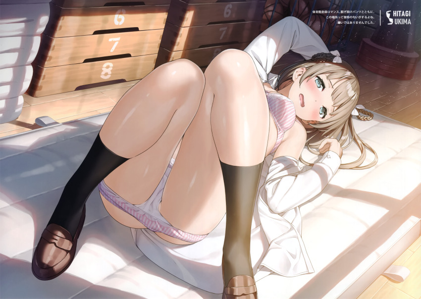 1girl absurdres aqua_eyes arm_up ball basketball basketball_(object) bikini black_socks blush bow bra braid breasts brown_hair brown_shoes cone embarrassed gym_storeroom hair_bow highres huge_filesize kantoku kneehighs knees_up loafers long_hair long_sleeves looking_at_viewer lying mat medium_breasts nose_blush on_back open_clothes open_mouth open_shirt original panties panty_pull pink_bra pink_panties scan shirt shoes socks solo striped_bikini striped_clothes striped_panties swimsuit thighs underwear vaulting_horse vertical-striped_bikini vertical-striped_clothes vertical-striped_panties wavy_mouth white_bow