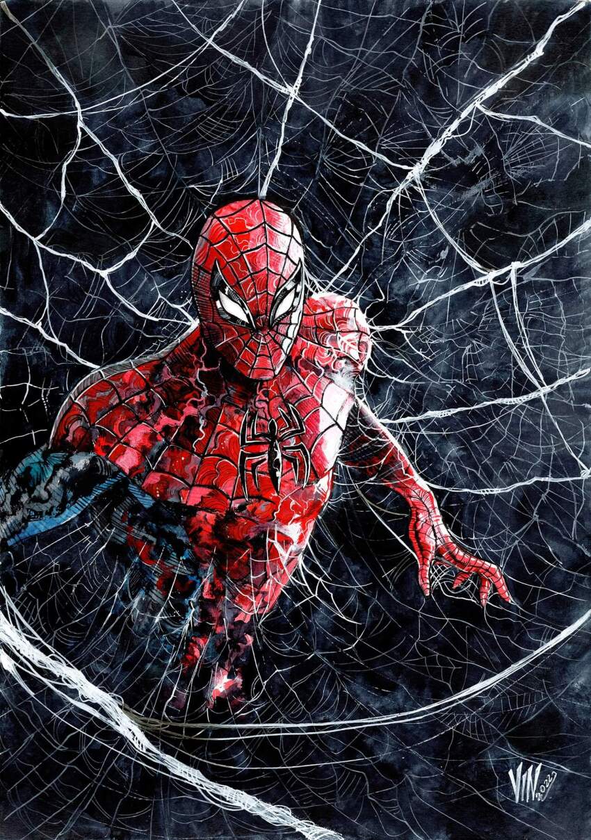 1boy abstract_background alternate_color animal_print artist_name black_background black_bodysuit bodysuit highres marvel mask mixed_media multicolored_bodysuit nib_pen_(medium) pen_(medium) peter_parker print_bodysuit red_bodysuit red_mask signature silk solo spider-man spider-man_(series) spider_print spider_web spider_web_background spider_web_pattern spider_web_print superhero_costume traditional_media two-tone_bodysuit vinartwork western_comics_(style)