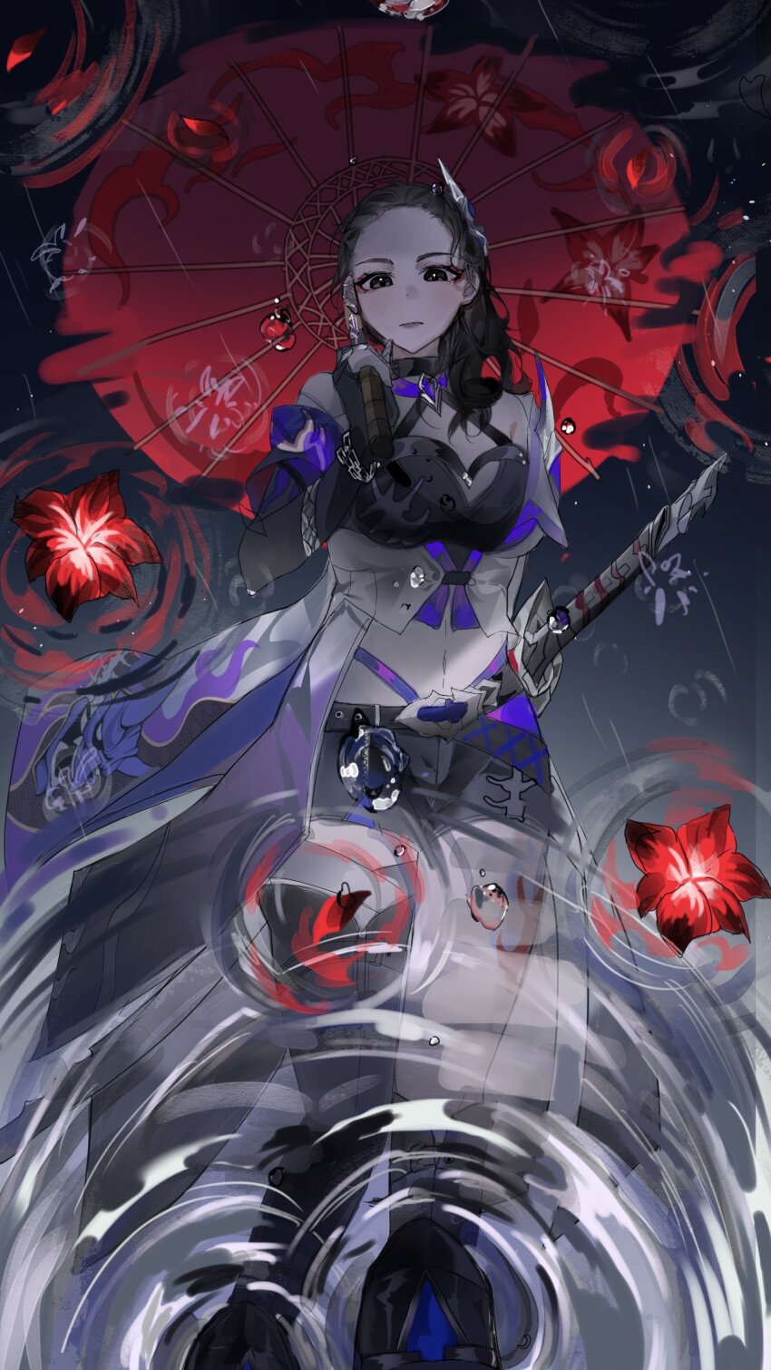 1girl acheron_(honkai:_star_rail) acheron_(honkai:_star_rail)_(cosplay) allegra_clark armor bandaged_arm bandaged_leg bandages belt black_belt black_boots black_choker black_eyes black_hair black_shirt black_shorts boots breasts chain chain_around_arm choker cleavage coat coattails commentary cosplay criss-cross_halter crop_top elbow_gloves english_commentary eyeliner flower gloves hair_ornament halterneck highres holding holding_sword holding_umbrella holding_weapon honkai:_star_rail honkai_(series) kanako_(fuwachu) knee_boots large_breasts leg_tattoo long_hair looking_at_viewer makeup midriff navel oil-paper_umbrella rain real_life red_eyeliner red_flower reflection reflective_water ripples shirt shorts shoulder_armor single_elbow_glove single_knee_boot single_thigh_boot solo sword tattoo thigh_boots umbrella water_drop weapon white_coat