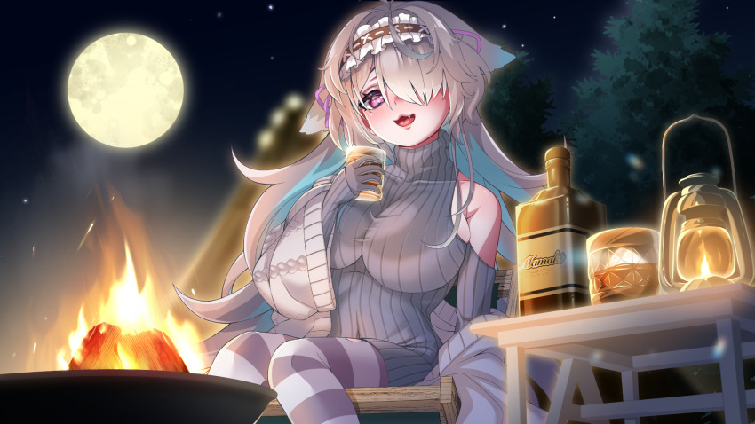 artist_request black_hairband blue_hair blurry blurry_background bottle breasts clothing_cutout colored_inner_hair covered_collarbone cup dress drinking_glass fang fire frilled_hairband frills full_moon gloves grey_dress grey_hair hair_over_one_eye hair_ribbon hairband highres holding holding_cup indie_virtual_youtuber lantern large_breasts long_hair menace_mamaki moon multicolored_hair night night_sky open_mouth outdoors purple_eyes purple_ribbon ribbed_sweater ribbon second-party_source shoulder_cutout sitting sky striped_clothes striped_thighhighs sweater sweater_dress taut_clothes taut_dress thighhighs tree virtual_youtuber