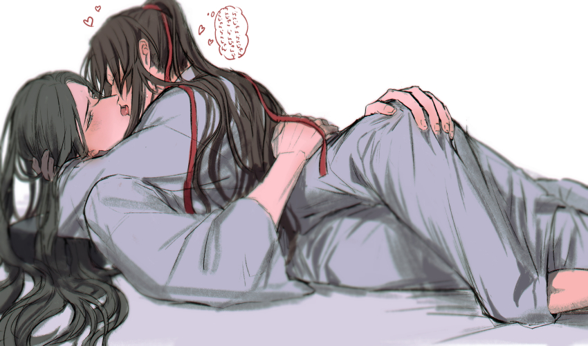 2boys actcat3 alternate_costume ass barefoot bathrobe black_hair blush brown_hair chinese_clothes closed_eyes couple french_kiss grabbing_another&#039;s_ass groping hair_ribbon half-closed_eyes hand_on_another&#039;s_ass hanfu heart highres hug kiss lan_wangji long_hair looking_at_another lying lying_on_person male_focus modao_zushi multiple_boys on_back on_bed on_stomach open_mouth ponytail profile red_ribbon ribbon robe sidelocks speech_bubble thought_bubble tongue tongue_out wei_wuxian white_background white_robe wide_sleeves yaoi
