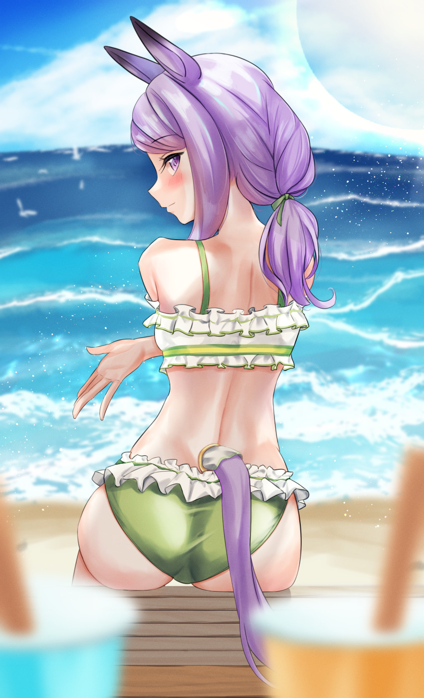 1girl absurdres alternate_costume animal_ears ass beach bikini blue_sky blurry blurry_foreground blush braid braided_ponytail commentary_request drink frilled_bikini frilled_swimsuit frills from_behind green_bikini green_ribbon hair_ornament hair_ribbon highres horse_ears horse_girl horse_tail long_hair looking_at_viewer looking_back mejiro_mcqueen_(ripple_fairlady)_(umamusume) mejiro_mcqueen_(umamusume) midriff ocean ponytail pov purple_eyes purple_hair ribbon single_stripe sky solo striped_bikini striped_bikini_top striped_clothes swimsuit tail tatsumi_yashiro umamusume water