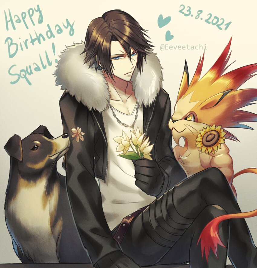 1boy :3 absurdres angelo_(ff8) belt black_fur black_gloves black_jacket blue_eyes brown_eyes brown_hair cat chain chain_necklace character_name commentary cropped_jacket crossed_legs dated dog eeveetachi expressionless final_fantasy final_fantasy_viii flower flower_in_mouth fur-trimmed_jacket fur_trim gloves gradient_background hand_up happy_birthday heart highres holding holding_flower jacket jewelry long_sleeves looking_to_the_side male_focus moomba necklace open_clothes open_jacket red_fur scar scar_on_face shirt short_hair sitting smile squall_leonhart studded_belt sunflower thigh_strap twitter_username v-neck whiskers white_flower white_shirt yellow_background yellow_eyes yellow_flower
