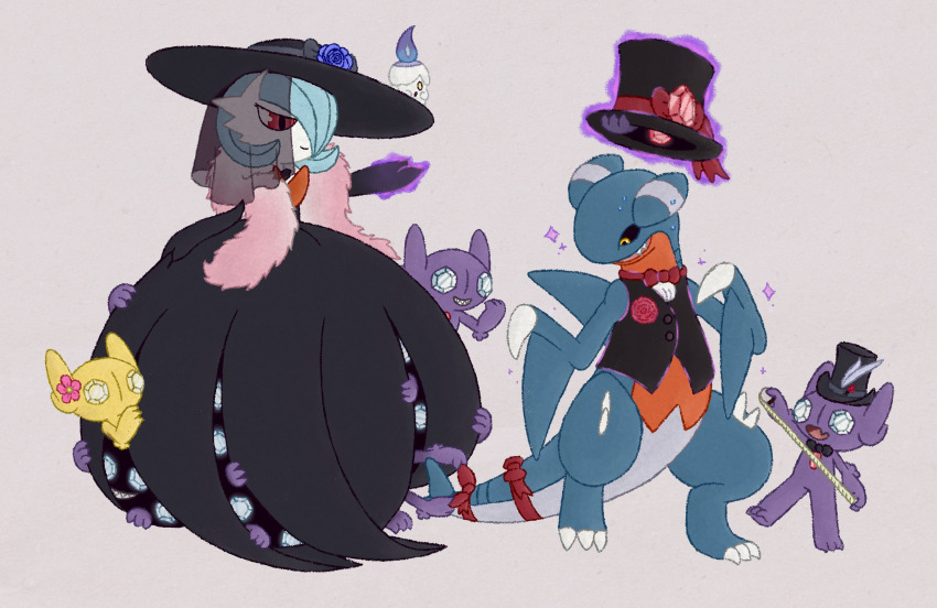 absurdres alternate_color black_dress black_gloves black_hat black_vest blue_hair blue_skin bob_cut bow claws clothed_pokemon colored_skin dragon dress elbow_gloves flower gabite gardevoir gen_3_pokemon gen_4_pokemon gen_5_pokemon gloves grey_background hair_over_one_eye hat highres litwick mega_gardevoir mega_pokemon multicolored_skin nintendo pokemon pokemon_(creature) psychic purple_skin sableye shiny_pokemon simple_background smile sweat tail tail_bow tail_ornament top_hat vest yellow_skin zakkurz
