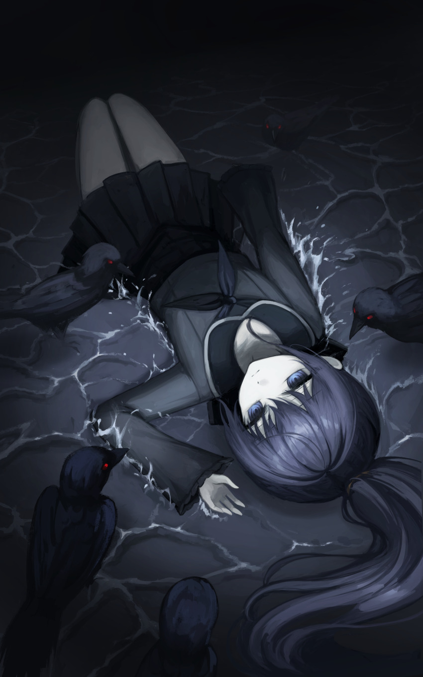 1girl absurdres asahina_mafuyu bird black_bird black_hair black_neckerchief black_sailor_collar black_serafuku black_shirt black_skirt blue_eyes closed_mouth commentary_request crow expressionless full_body hair_between_eyes high_ponytail highres kkamkkam long_hair long_sleeves looking_at_viewer lying lying_on_water neckerchief on_back pleated_skirt ponytail project_sekai ringed_eyes sailor_collar school_uniform serafuku shirt skirt solo