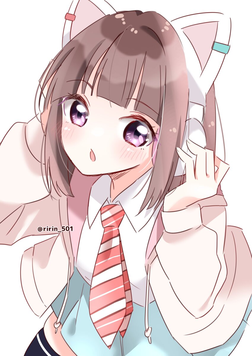 1girl absurdres animal_ear_headphones animal_ears black_thighhighs blue_skirt blunt_bangs blunt_ends bob_cut brown_hair cat_ear_headphones collared_shirt commentary cowboy_shot diagonal-striped_clothes diagonal-striped_necktie dress_shirt fake_animal_ears headphones highres hood hooded_jacket ikizulive!_love_live!_bluebird jacket long_sleeves looking_at_viewer love_live! miniskirt necktie open_clothes open_jacket orange_necktie pleated_skirt purple_eyes ririn_(ririn_501) sasaki_shion shirt short_hair simple_background skindentation skirt solo striped_clothes thighhighs twitter_username white_background white_jacket white_shirt zettai_ryouiki