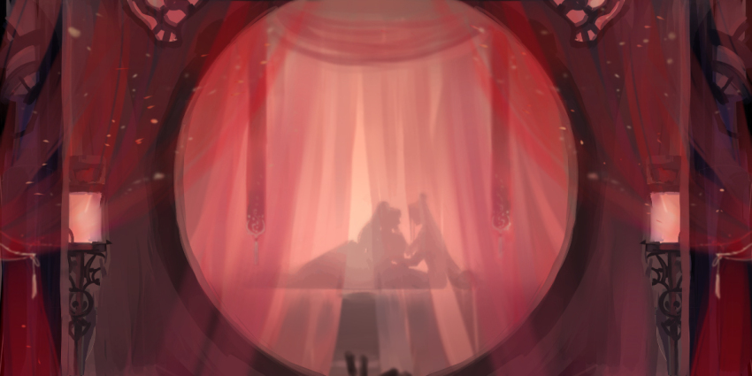 2boys behind_curtains curtains hand_on_another&#039;s_chin high_ponytail lan_wangji lantern long_hair modao_zushi moon_gate multiple_boys on_bed ponytail silhouette topknot wei_wuxian xianduguaitan yaoi