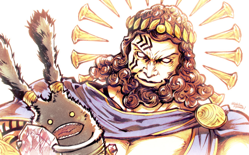 1boy bare_pectorals beard byregot facial_hair facial_tattoo final_fantasy final_fantasy_xiv highres large_pectorals laurel_crown leki_ixion male_focus muscular muscular_male pectorals smile solo spriggan_(final_fantasy) tattoo upper_body