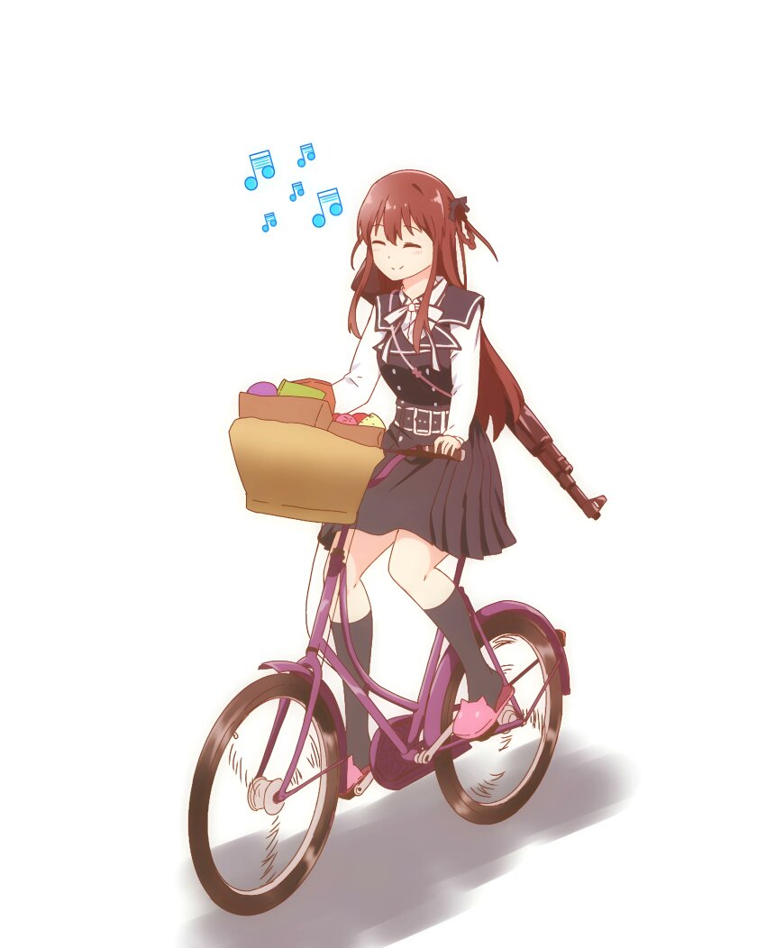 1girl 22/7 ^_^ absurdres beamed_sixteenth_notes belt bicycle black_belt black_bow black_dress black_socks bow braid braided_hair_rings brown_hair buttons cat_slippers closed_eyes closed_mouth double-breasted dress hair_bow hair_rings highres hitorilily keisanchuu_new_costume kneehighs long_hair long_sleeves musical_note neck_ribbon pinafore_dress pleated_dress ribbon shirt shirt_under_dress sidelocks simple_background sleeveless sleeveless_dress smile socks solo tachikawa_ayaka tall_bicycle twin_braids two_side_up white_background white_ribbon white_shirt