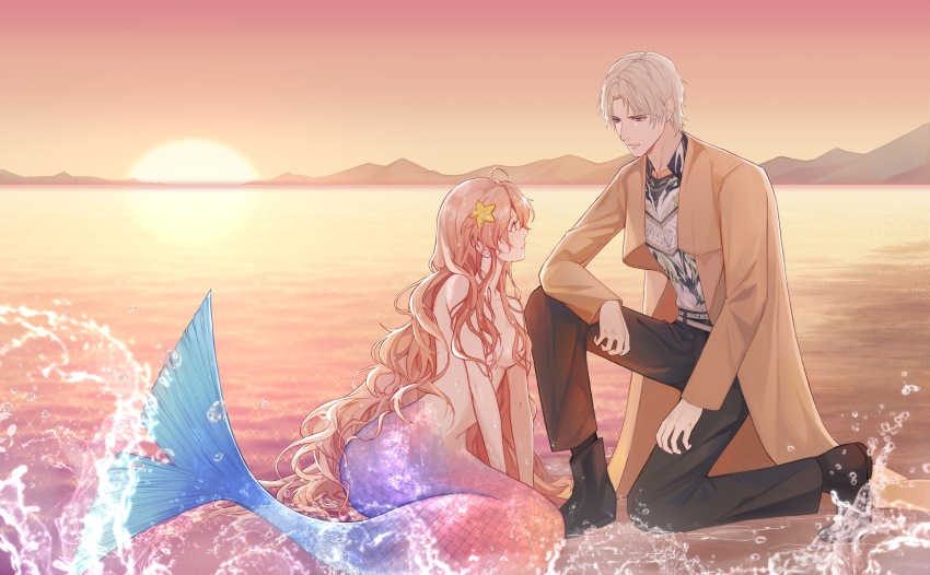 1boy 1girl absurdres ankle_boots arm_support beach black_boots black_pants black_socks black_undershirt boots breasts brown_coat chain chain_necklace charlie_su chinese_commentary coat collared_shirt eye_contact grey_hair hair_between_eyes hair_censor highres jewelry kocona light_and_night_love long_hair long_sleeves looking_at_another medium_breasts mermaid monster_girl mountainous_horizon multicolored_shirt necklace nude ocean on_one_knee open_clothes open_coat orange_hair outdoors pants parted_bangs parted_lips print_shirt profile protagonist_(light_and_night_love) purple_eyes shirt short_hair sitting socks splatter starfish_hair_ornament sunset wet wet_hair white_shirt yokozuwari