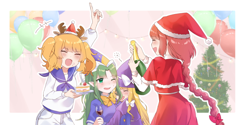 4girls ^_^ alcohol animal_ear_hairband animal_ears antlers balloon blonde_hair blue_dress blue_neckerchief blue_sailor_collar blush border bottle bow braid braided_ponytail cake capelet champagne_bottle christmas_tree closed_eyes commentary cup deer_antlers deer_ears dress drinking_glass english_commentary fake_animal_ears fake_antlers food food_on_face fur-trimmed_capelet fur_trim green_hair hair_bow hairband hat hat_bow highres holding holding_bottle holding_cup horns hug index_finger_raised indoors kirisame_marisa kirisame_marisa_(pc-98) kitashirakawa_chiyuri long_hair milll_77 mima_(touhou) multiple_girls neckerchief okazaki_yumemi outline party_hat pointy_ears purple_dress red_bow red_capelet red_hair red_skirt red_vest sailor_collar sailor_shirt santa_costume santa_hat shirt skirt skirt_set slice_of_life smile straight_hair strawberry_shortcake touhou touhou_(pc-98) twintails very_long_hair vest white_border white_bow white_outline white_shirt wine wine_glass witch_hat wizard_hat yuri