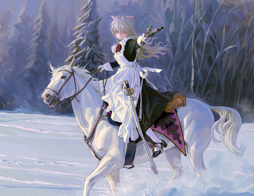 1girl absurdres aiming animal_ears antique_firearm apron black_dress black_shoes cat_ears dress feiqizi_(fkey) firearm firelock fkey flintlock forest gloves grey_hair gun handgun high_heels highres holding holding_gun holding_weapon horse horseback_riding maid mary_janes nature original pantyhose riding scabbard sheath shoes snow sword weapon white_apron white_gloves white_pantyhose
