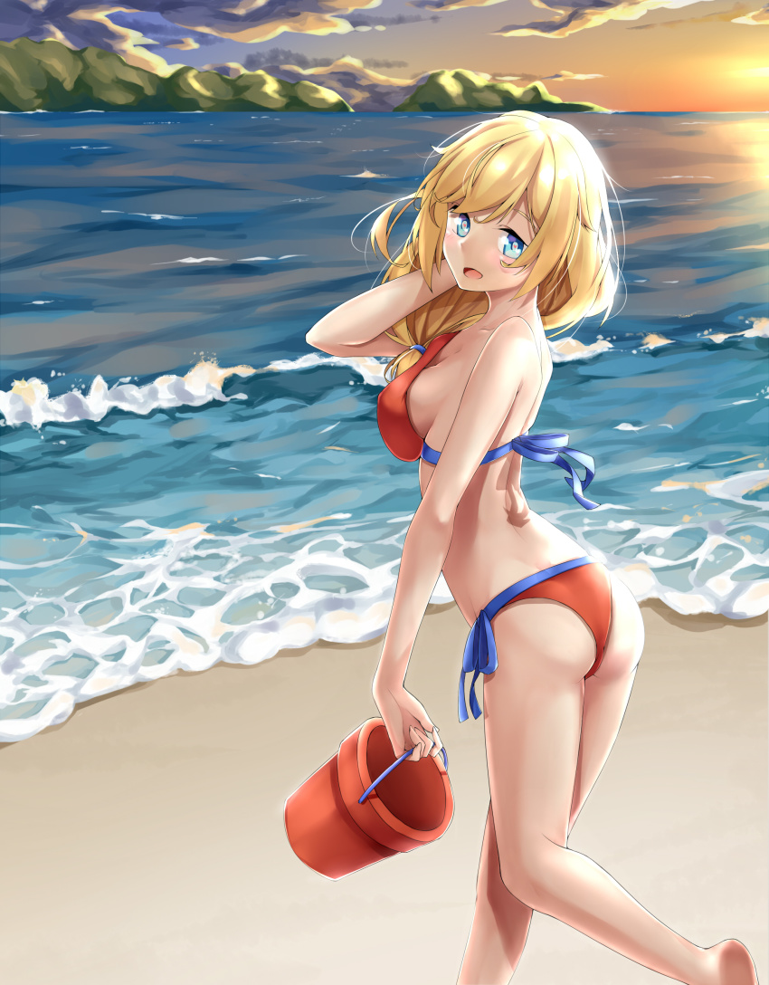 1girl absurdres ass bandeau barefoot beach bikini blonde_hair blue_eyes breasts bucket cleavage cloud covered_navel cyta_celest day female_focus from_behind heart heart-shaped_pupils highres holding holding_bucket leg_up looking_at_viewer looking_back low_ponytail mountain multicolored_bikini open_mouth outdoors ponytail red_bikini rodney_(warship_girls_r) shadow short_ponytail side-tie_bikini_bottom side_ponytail sideboob sky smile solo strapless strapless_bikini sunlight swimsuit symbol-shaped_pupils warship_girls_r waves