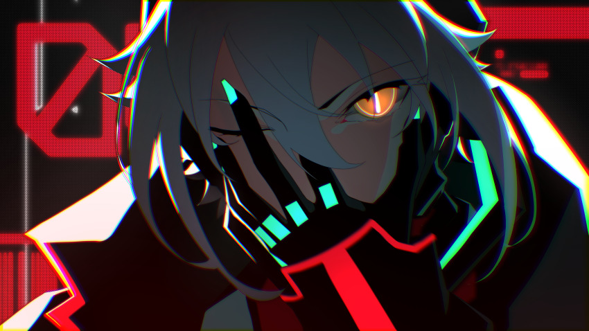 1girl absurdres aqua_nails black_jacket bodysuit commentary glowing_nails grey_hair hand_on_own_face highres jacket kuroi_enpitsu looking_at_viewer one_eye_closed power_symbol-shaped_pupils red_bodysuit short_hair solo symbol-shaped_pupils virtual_youtuber vshojo yellow_eyes zentreya zentreya_(cyborg) zentreya_(cyborg)_(1st_costume)
