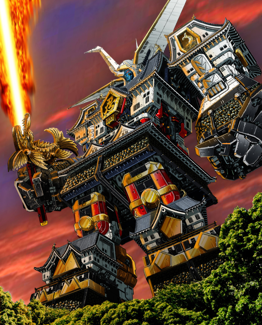 architecture castle east_asian_architecture energy_sword epic fire furo_(katz_m) highres mecha muteki_shogun muteki_shougun ninja_sentai_kakuranger no_humans robot shogun_megazord shogunzords solo source_request sunset super_robot super_sentai sword tree weapon