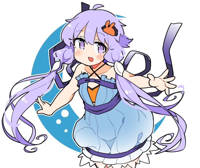 1girl :d ahoge bare_arms bare_shoulders blue_dress blush collarbone cowboy_shot dress hair_ornament ini_(inunabe00) looking_at_viewer open_mouth outline purple_eyes rabbit_hair_ornament short_hair_with_long_locks sidelocks sleeveless sleeveless_dress smile solo vocaloid voiceroid white_background white_outline yuzuki_yukari