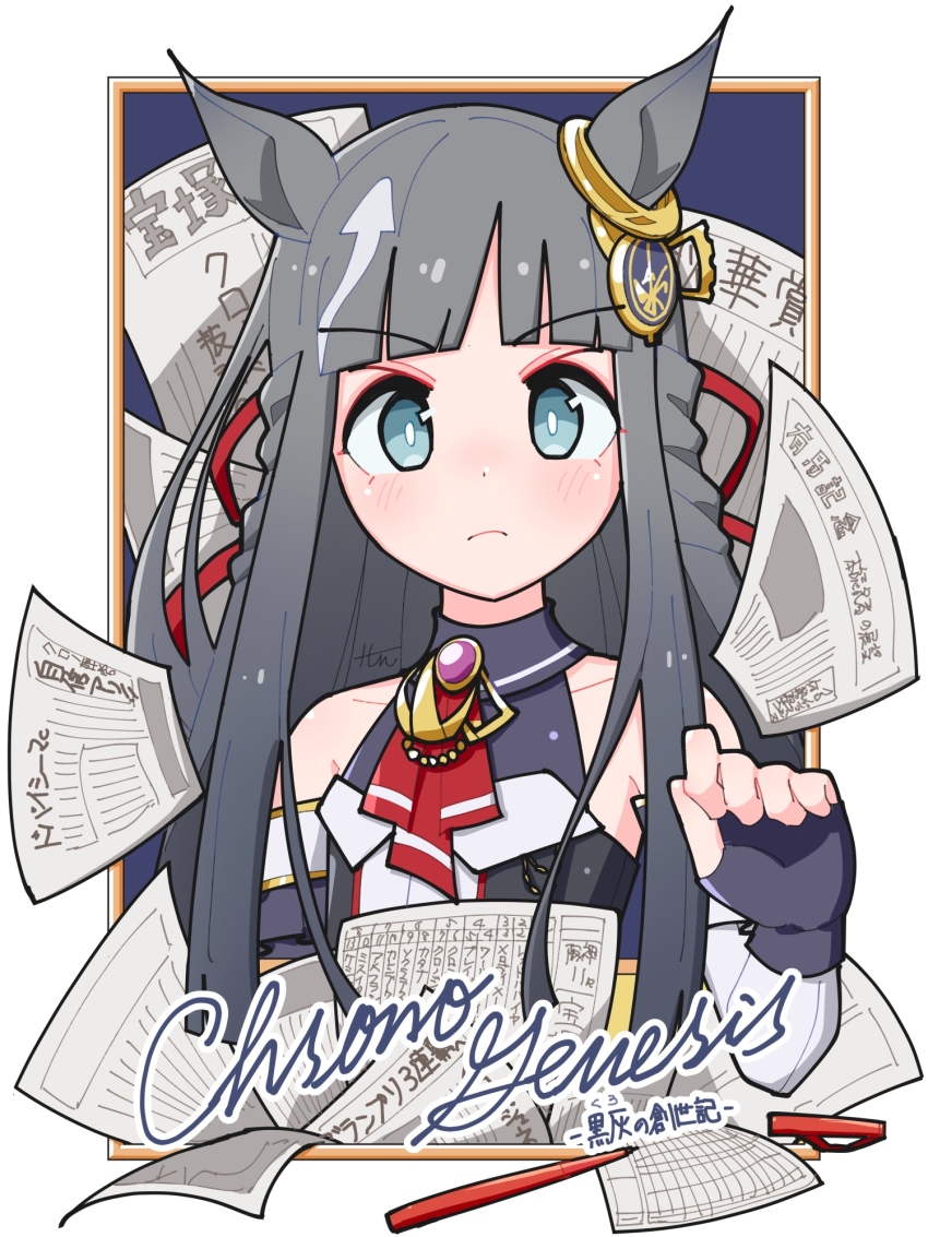 1girl animal_ears blue_eyes blunt_bangs blush breasts chrono_genesis_(umamusume) closed_mouth collarbone commentary_request detached_sleeves english_text fingerless_gloves gloves grey_hair hair_between_eyes hair_ornament highres horse_ears horse_girl looking_at_viewer minatoboshi_hisui newspaper paper pen portrait small_breasts solo translation_request umamusume