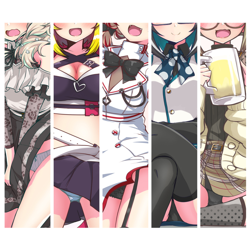 5girls alcohol animare beer beer_mug black_pantyhose black_skirt black_sweater blonde_hair blue_pants breasts brown_hair cleavage clothes_pull column_lineup commentary_request crossed_legs cup fangs garter_straps glasses head_out_of_frame highres hira_hikari konan_mia large_breasts mug multiple_girls nanashi_inc. open_mouth orange-bird oura_rukako panties pants pantyhose pantyshot plaid_clothes plaid_skirt ribbed_sweater seshima_rui skirt skirt_pull smile sweater tsukinoki_tirol underwear virtual_youtuber